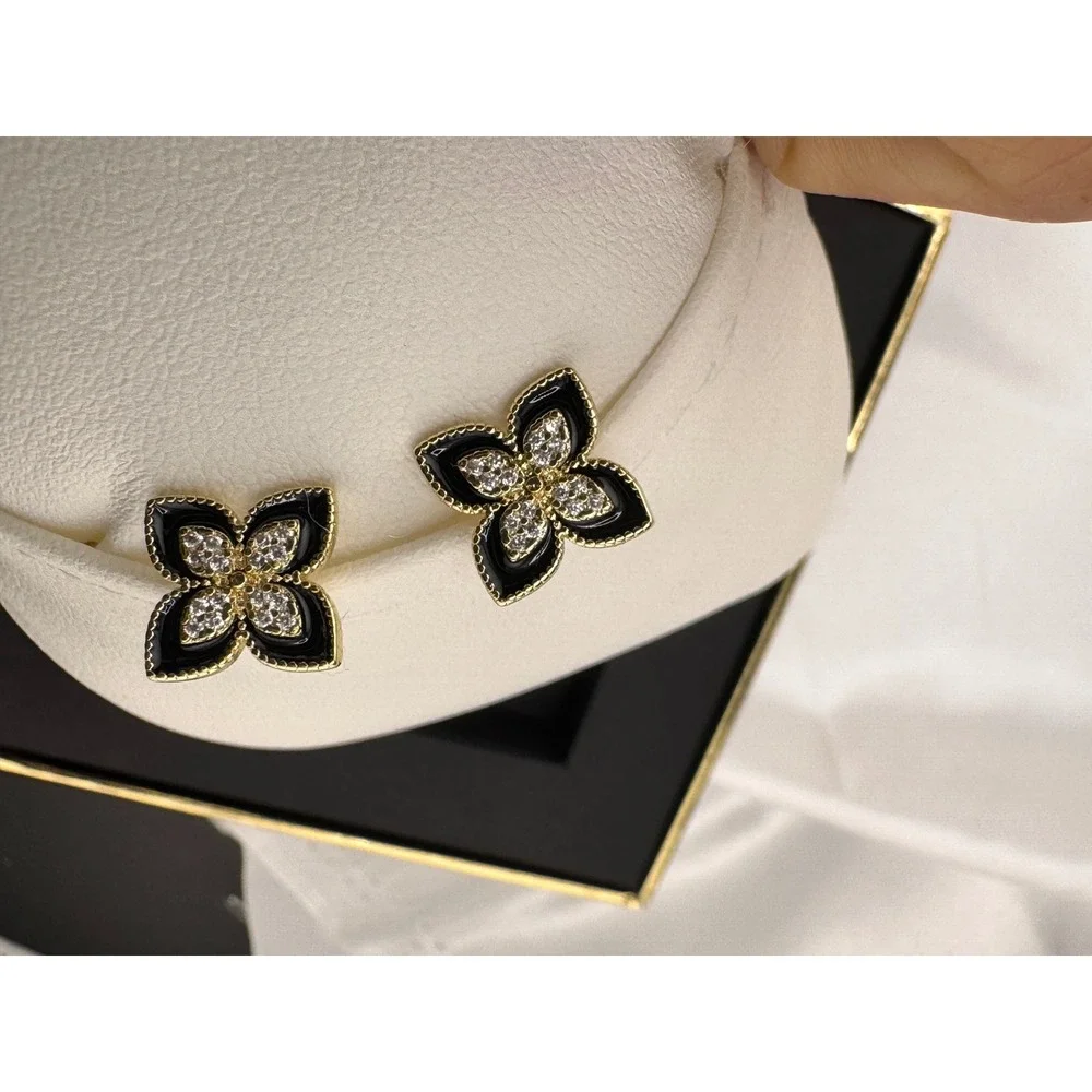 Gold Tone Black Enamel Flower Stud Earrings Pavé Crystal Center